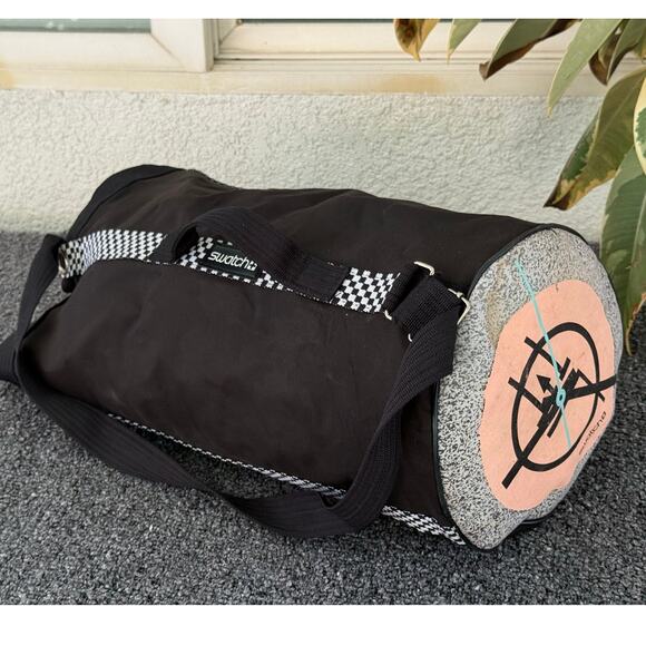 VTG 80s Swatch Watch Black Checkerboard Stripe Duffel Bag Tote Dial Logo Bottom - Picture 1 of 9